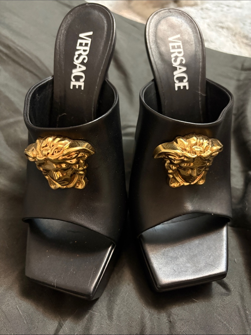 Versace Black Leather Medusa Slide Mules with Gold Emblem